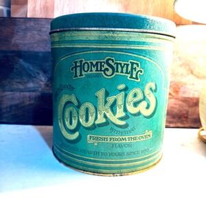 Vintage HomeStyle Brand Cookies Tin Teal Green Retro Metal Kitchen Canister 8"